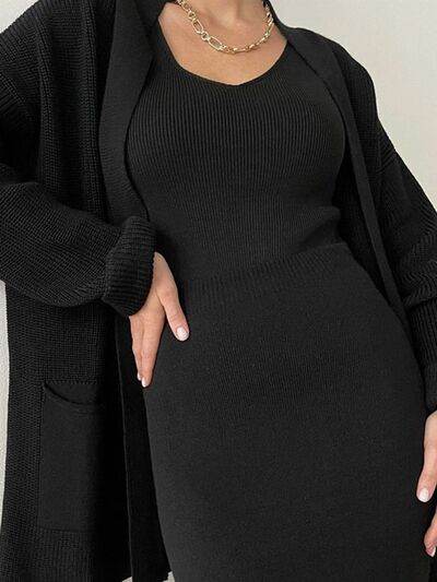 Pocketed Long Sleeve Cardigan and Skirt Sweater Set - Amexza