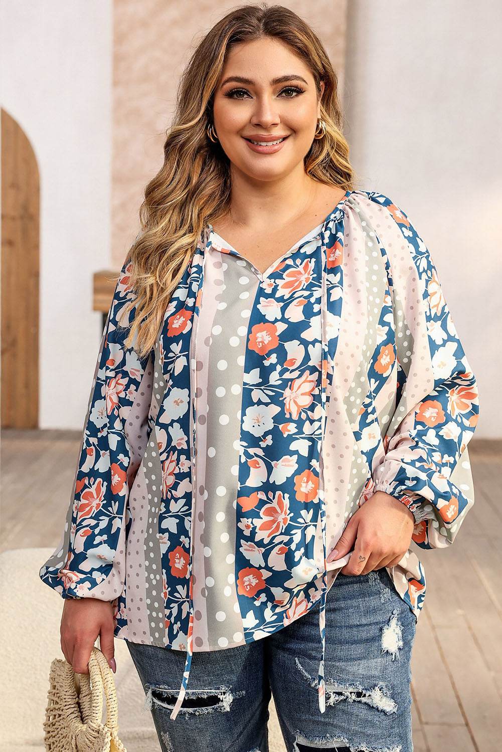 Plus Size Floral Tie Neck Blouse Multicolor for a perfect OOTD – dress to impress outfits from Amexza