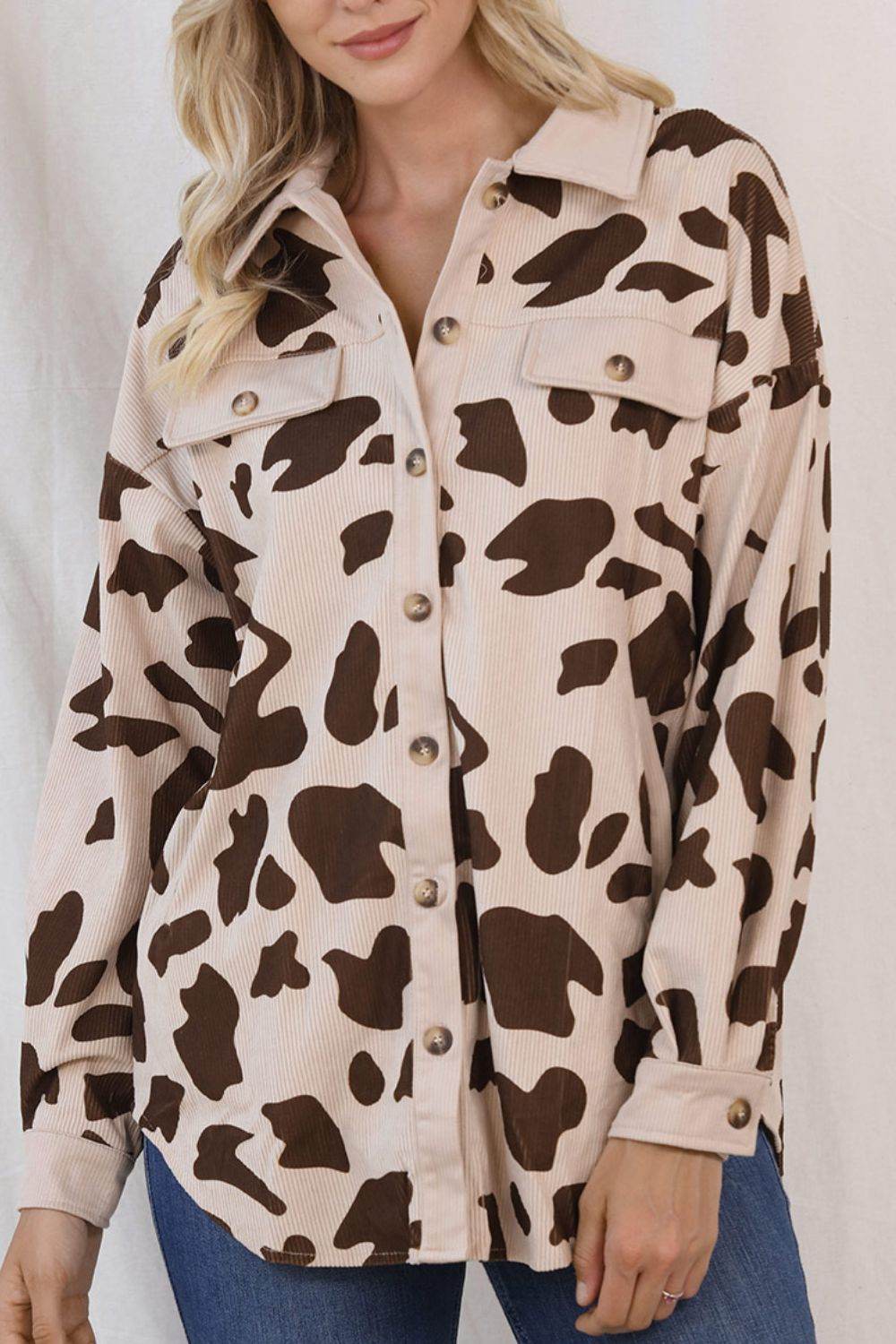 Cow Print Button Up Corduroy Shacket for a perfect OOTD – dress to impress outfits from Amexza