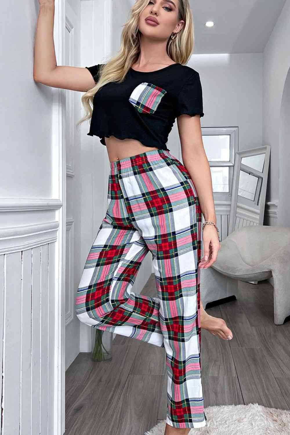 Lettuce Trim Cropped T-Shirt and Plaid Pants Lounge Set Plaid for a perfect OOTD – dress to impress outfits from Amexza