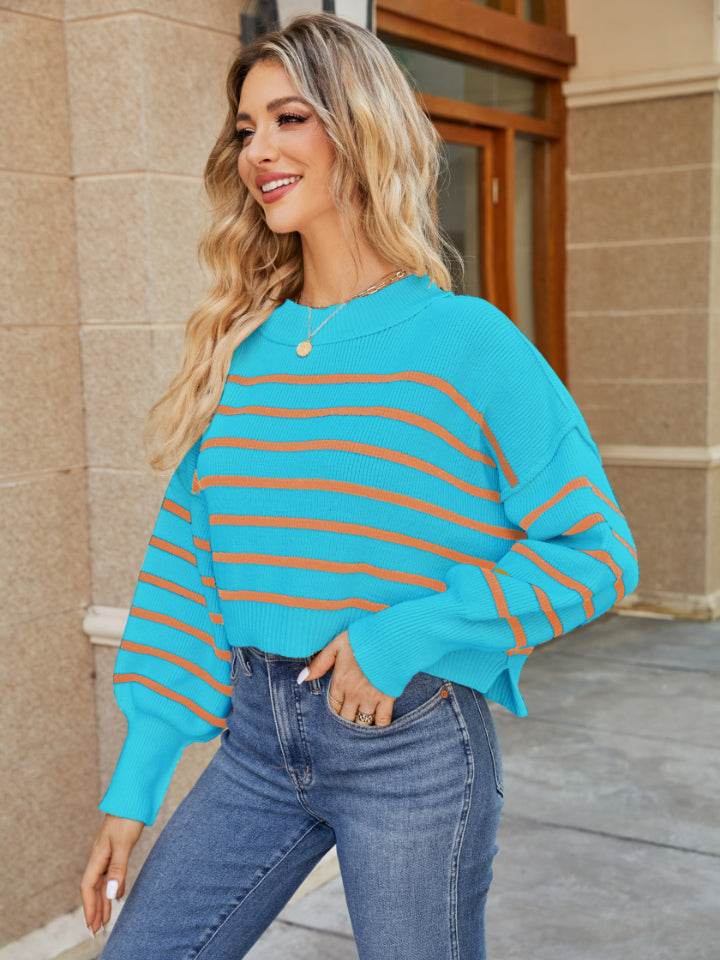 Round Neck Striped Lantern Sleeve Sweater for a perfect OOTD – dress to impress outfits from Amexza