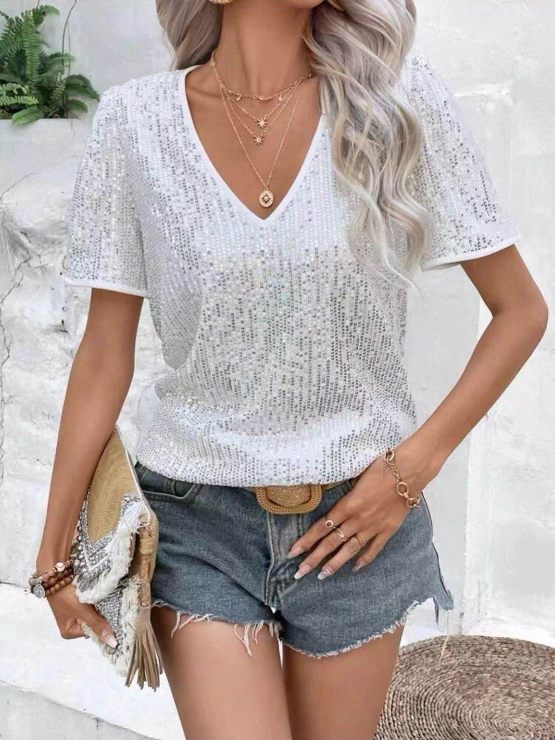 Sequin Round Neck Short Sleeve Top White for a perfect OOTD – dress to impress outfits from Amexza