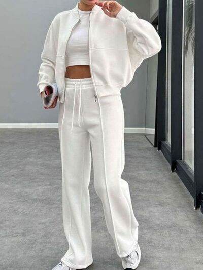 Baseball Collar Zip Up Outerwear and Drawstring Pants Set White for a perfect OOTD – dress to impress outfits from Amexza