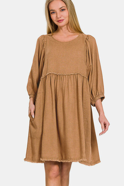 Zenana Washed Linen Pleated Puff Sleeve Babydoll Dress Deep Camel for a perfect OOTD – dress to impress outfits from Amexza