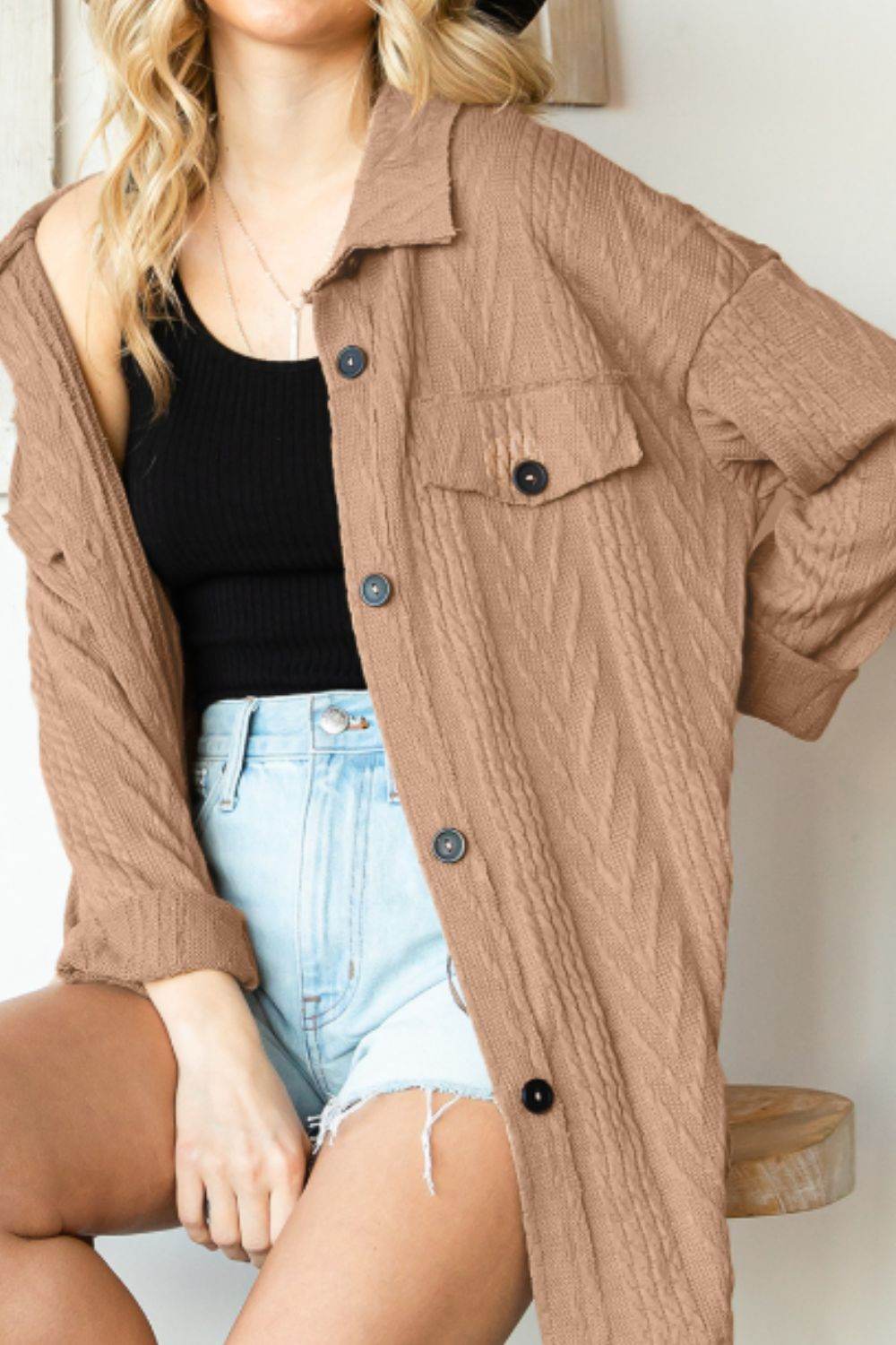 Button Up Drop Shoulder Jacket Camel for a perfect OOTD – dress to impress outfits from Amexza