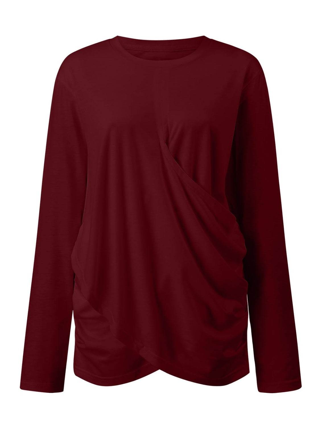 Ruched Round Neck Long Sleeve T-Shirt for a perfect OOTD – dress to impress outfits from Amexza