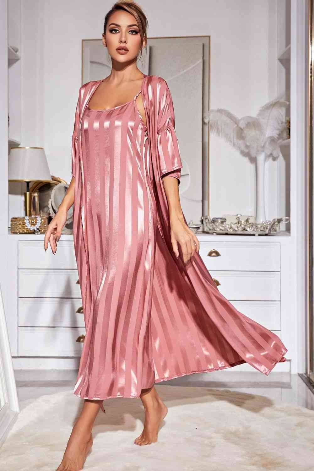 Striped Flounce Sleeve Open Front Robe and Cami Dress Set for a perfect OOTD – dress to impress outfits from Amexza