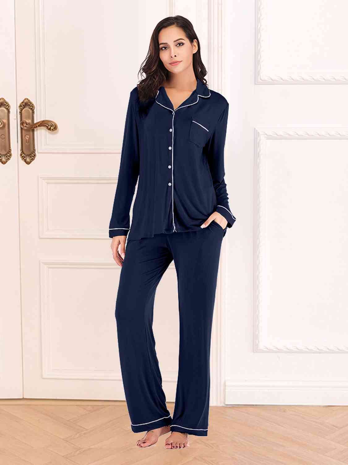 Collared Neck Long Sleeve Loungewear Set with Pockets - Amexza