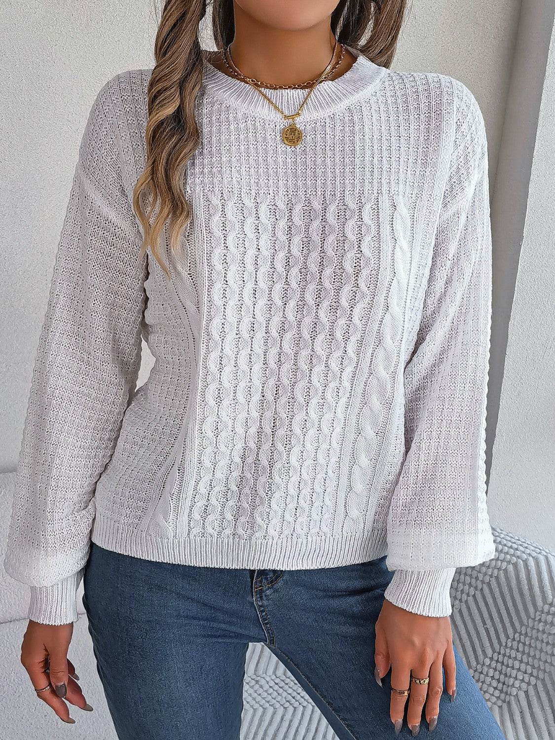 Cable-Knit Round Neck Long Sleeve Sweater White for a perfect OOTD – dress to impress outfits from Amexza