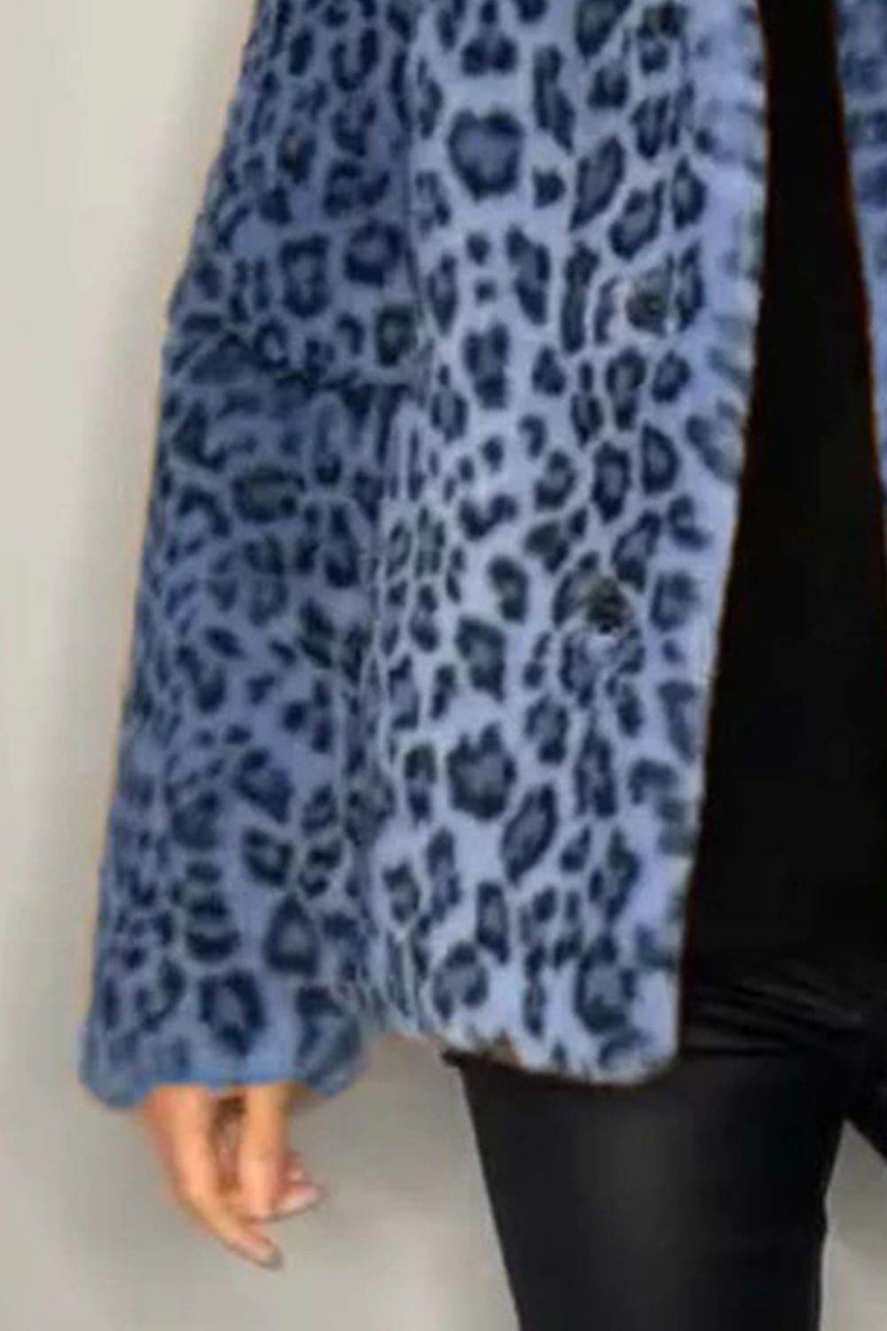 Full Size Leopard Furry Collared Neck Long Sleeve Coat - Amexza