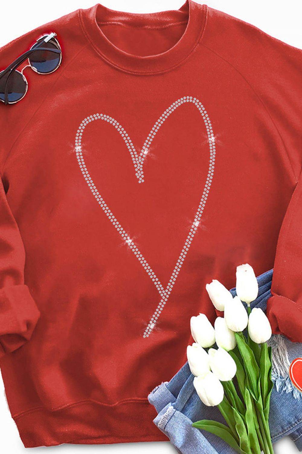 Valentine's Day Rhinestone Heart Long Sleeve Sweatshirt - Amexza