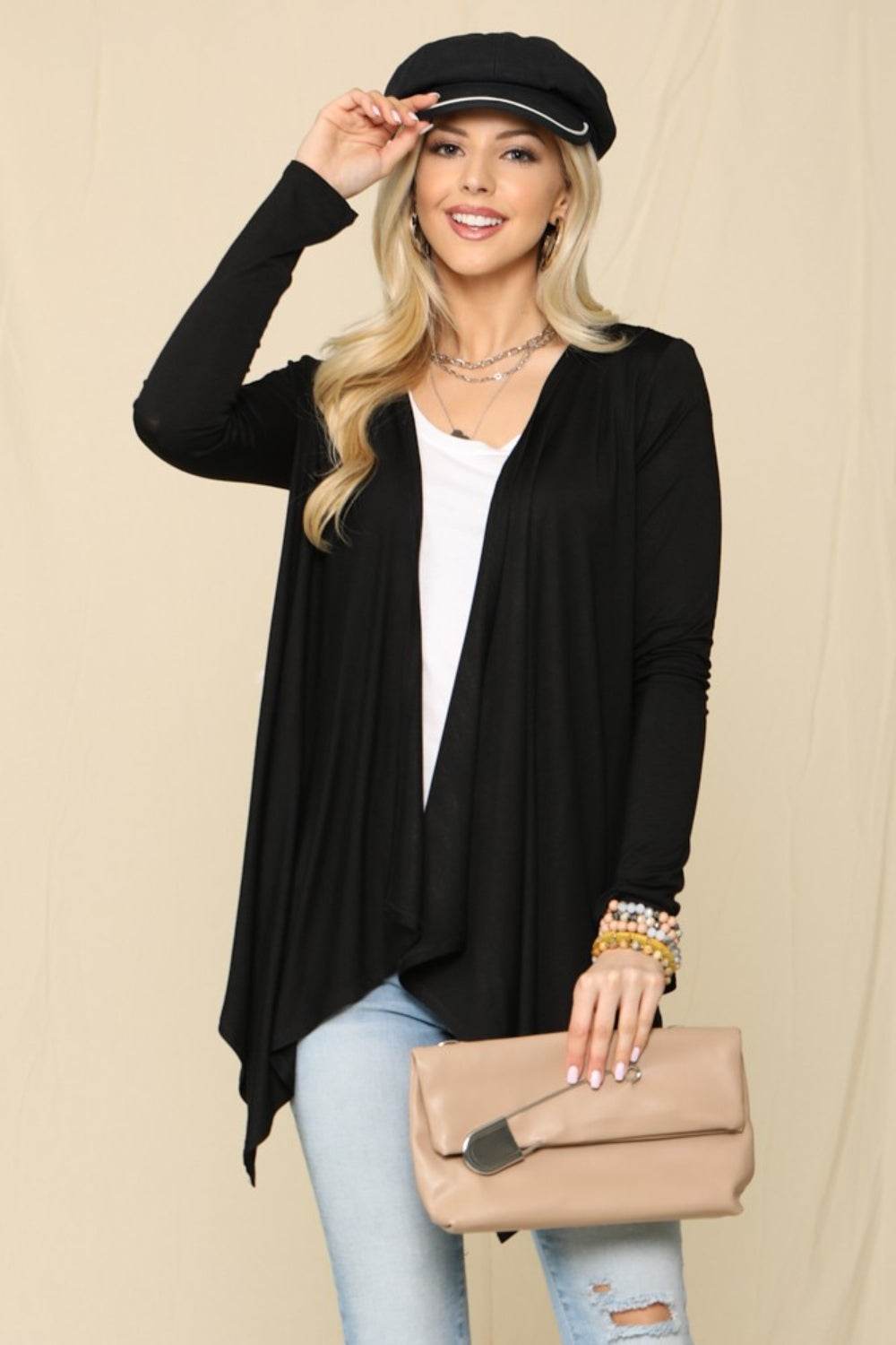 Celeste Full Size Open Front Knit Cardigan Black for a perfect OOTD – dress to impress outfits from Amexza