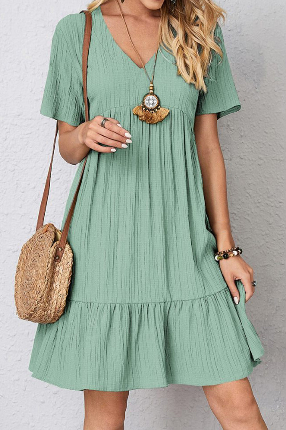 Full Size Ruched V-Neck Short Sleeve Dress - Teal / S