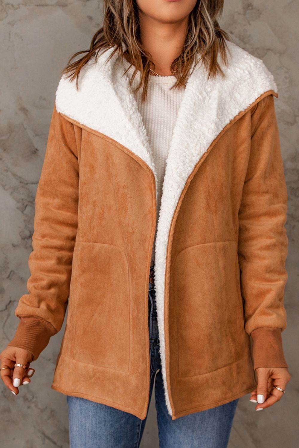 Open Front Long Sleeve Sherpa Jacket for a perfect OOTD – dress to impress outfits from Amexza