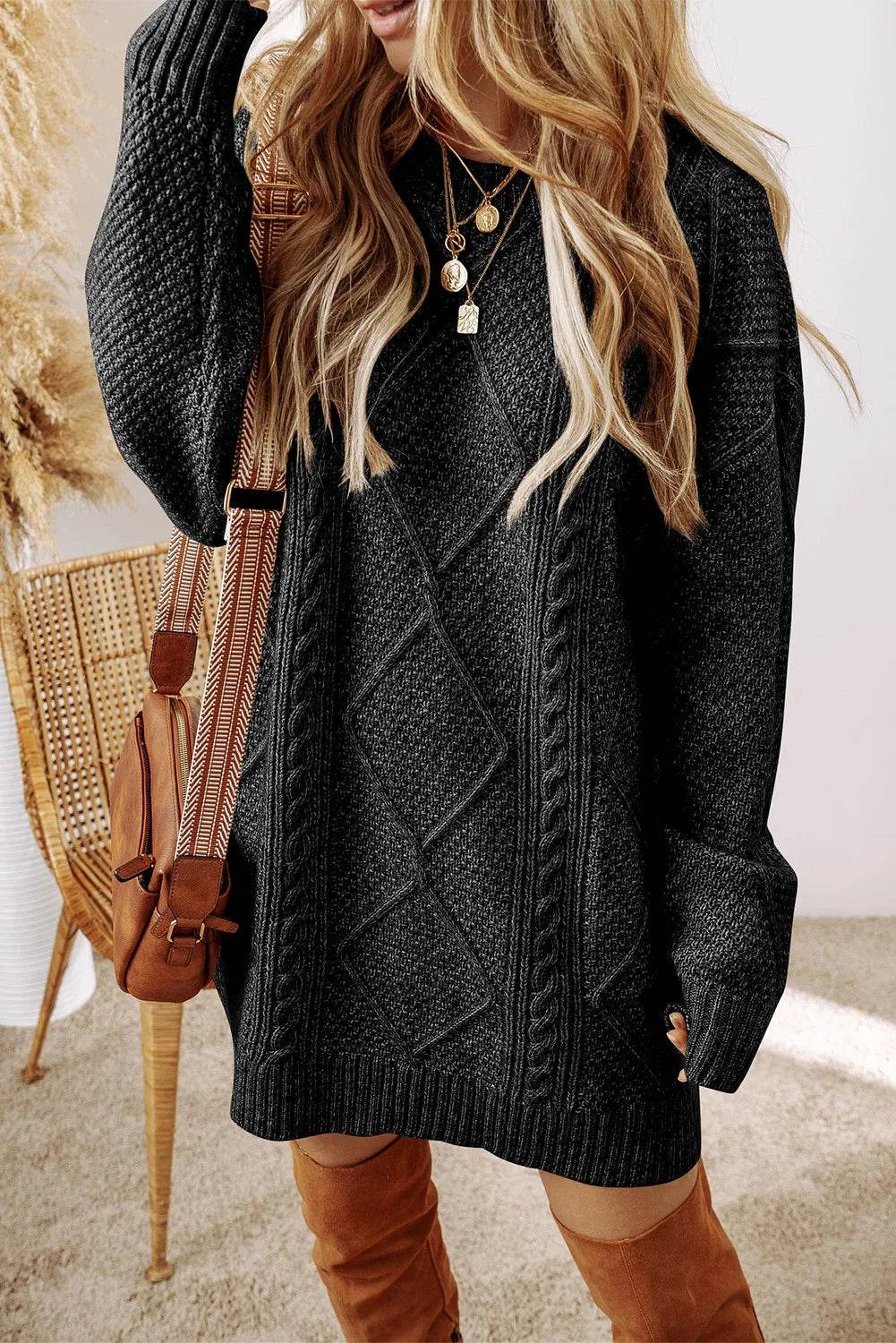 Cable-Knit Round Neck Sweater Dress - Amexza