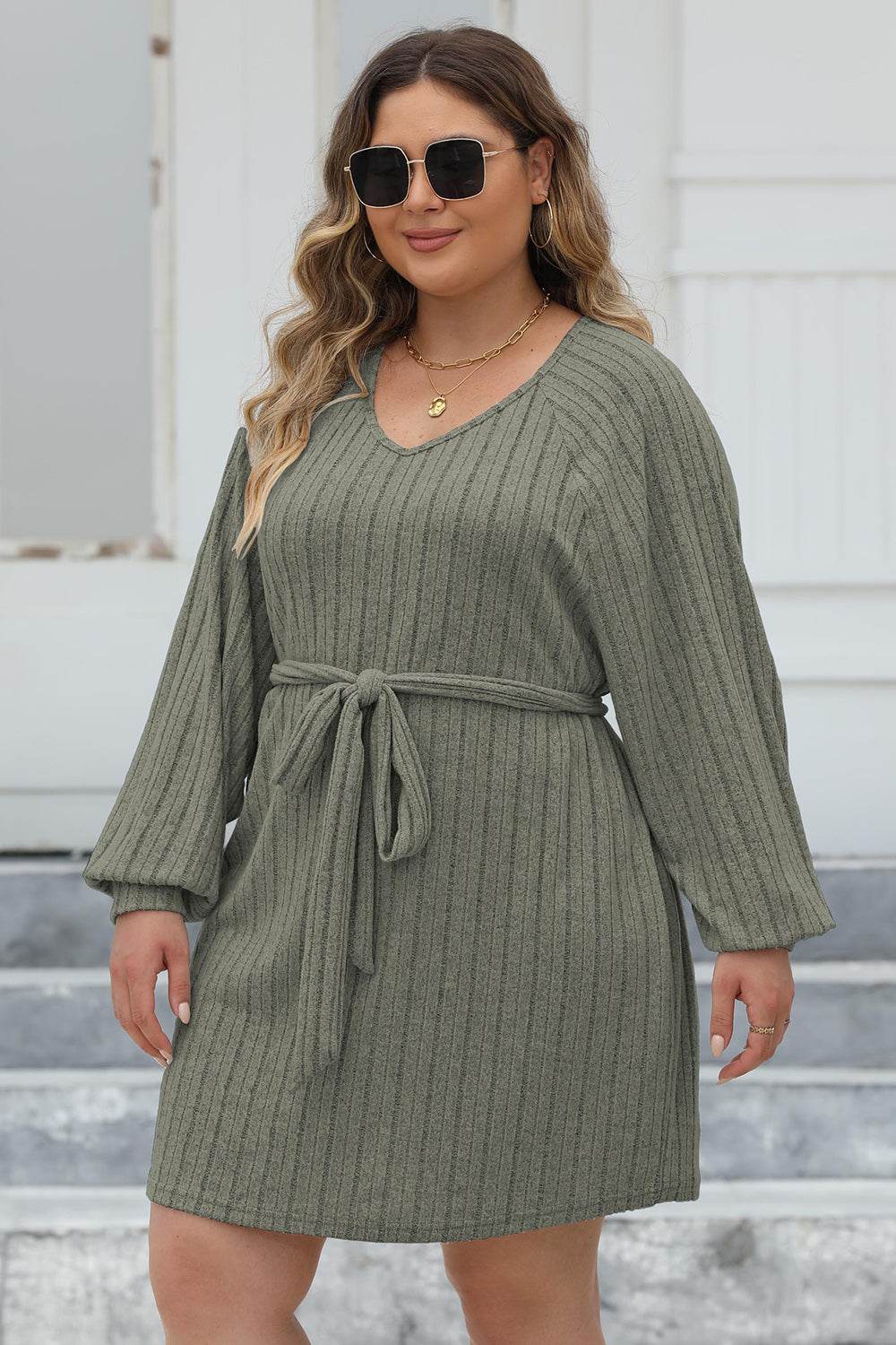 Plus Size Ribbed Tie Front Long Sleeve Sweater Dress for a perfect OOTD – dress to impress outfits from Amexza