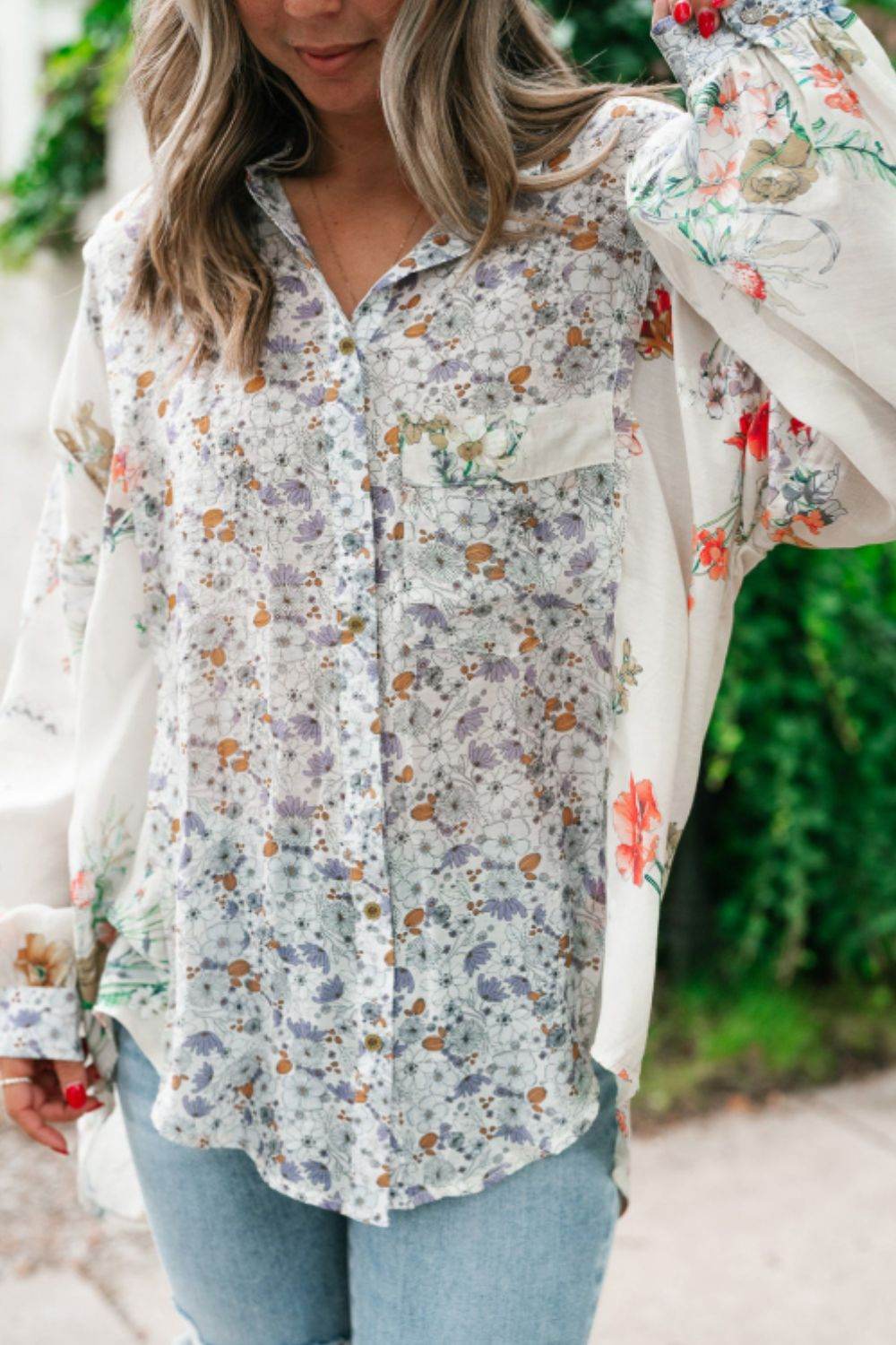 Floral Collared Neck Long Sleeve Shirt for a perfect OOTD – dress to impress outfits from Amexza