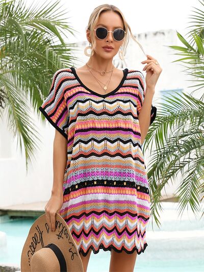 Angel Wings Rainbow Stripe Scalloped V-Neck Cover-Up Dress for a perfect OOTD – dress to impress outfits from Amexza