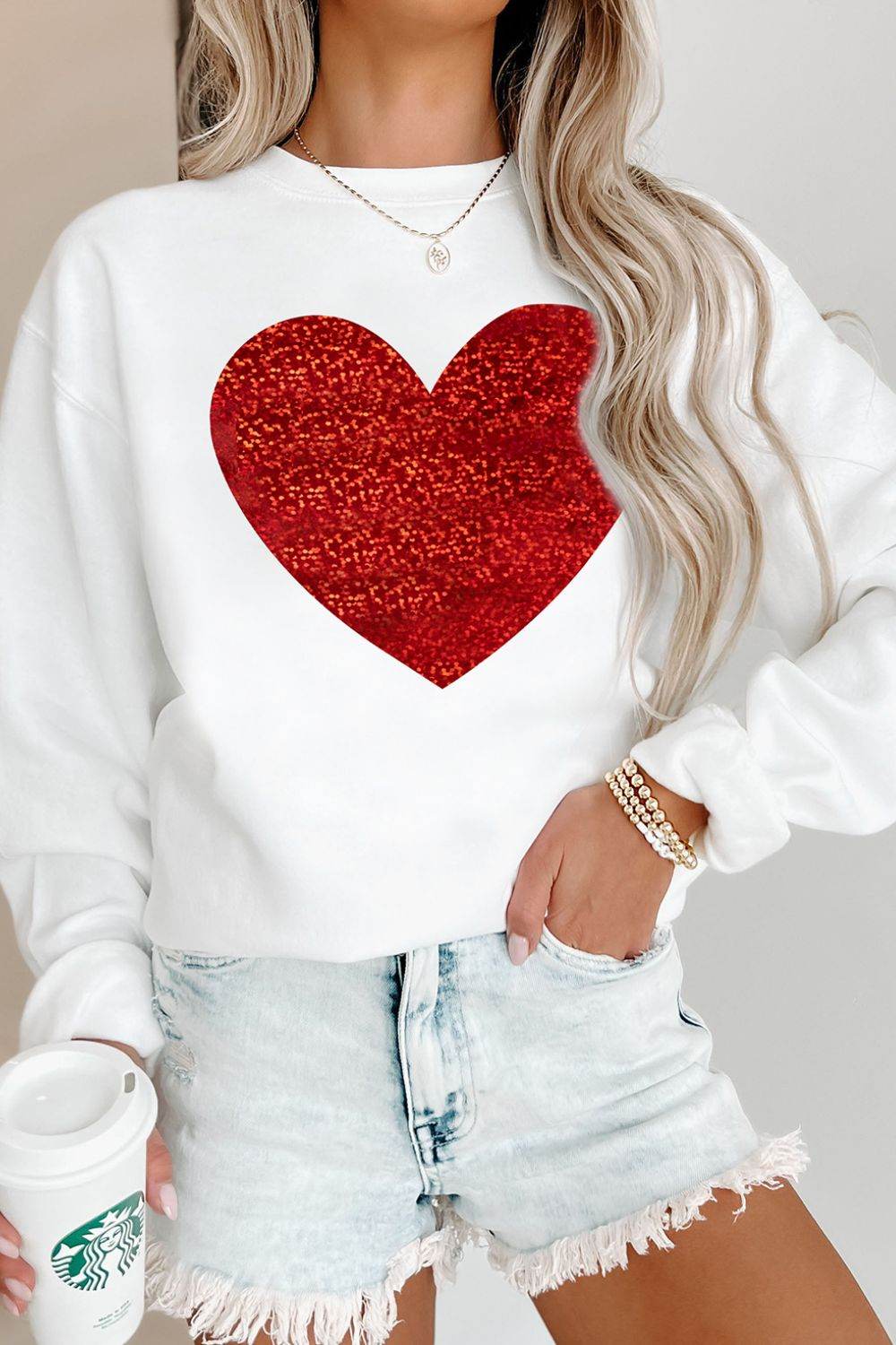 Valentine’s Day Heart Round Neck Long Sleeve Sweatshirt for a perfect OOTD – dress to impress outfits from Amexza