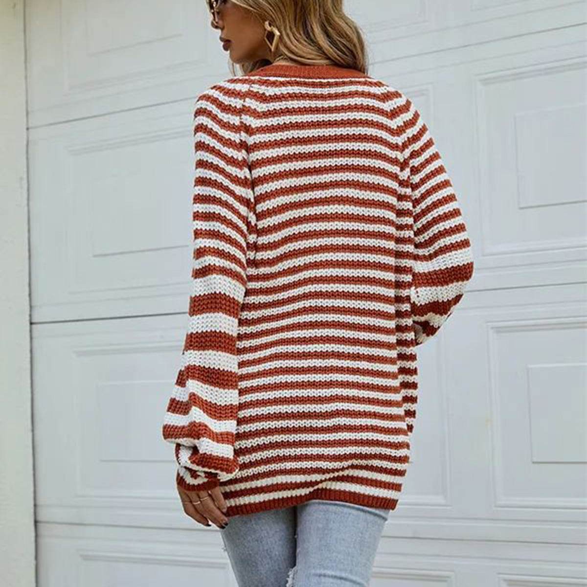 Striped Button Down Long Sleeve Cardigan - Amexza