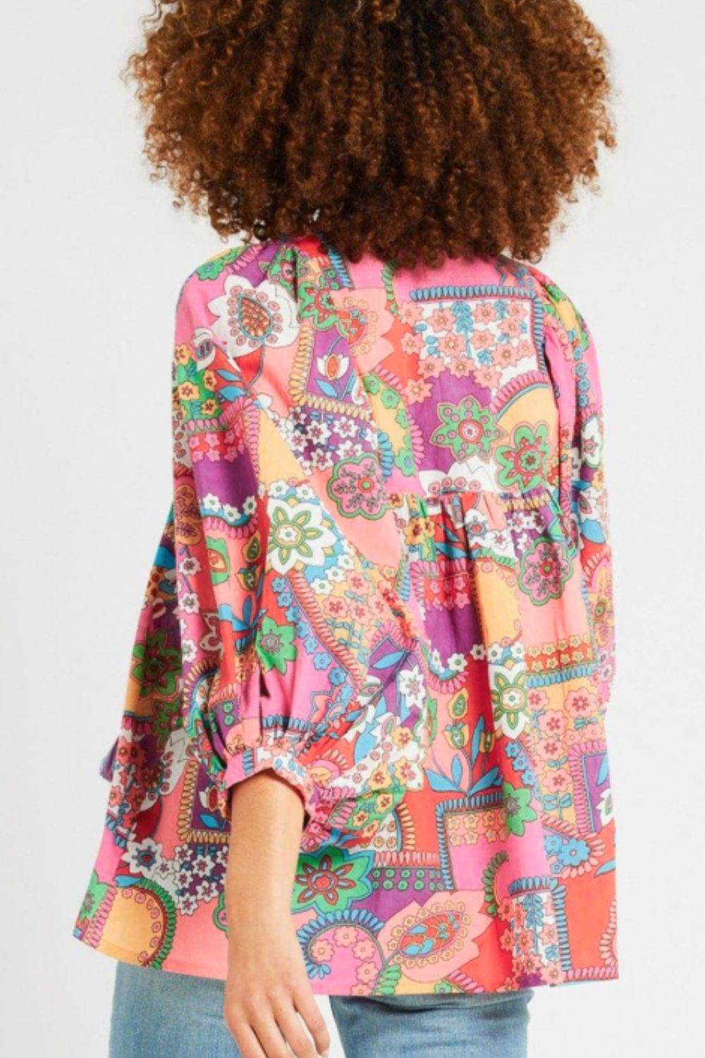 Printed Tie Neck Three-Quarter Sleeve Blouse for a perfect OOTD – dress to impress outfits from Amexza