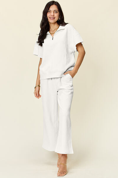 Double Take Full Size Texture Half Zip Short Sleeve Top and Pants Set White for a perfect OOTD – dress to impress outfits from Amexza