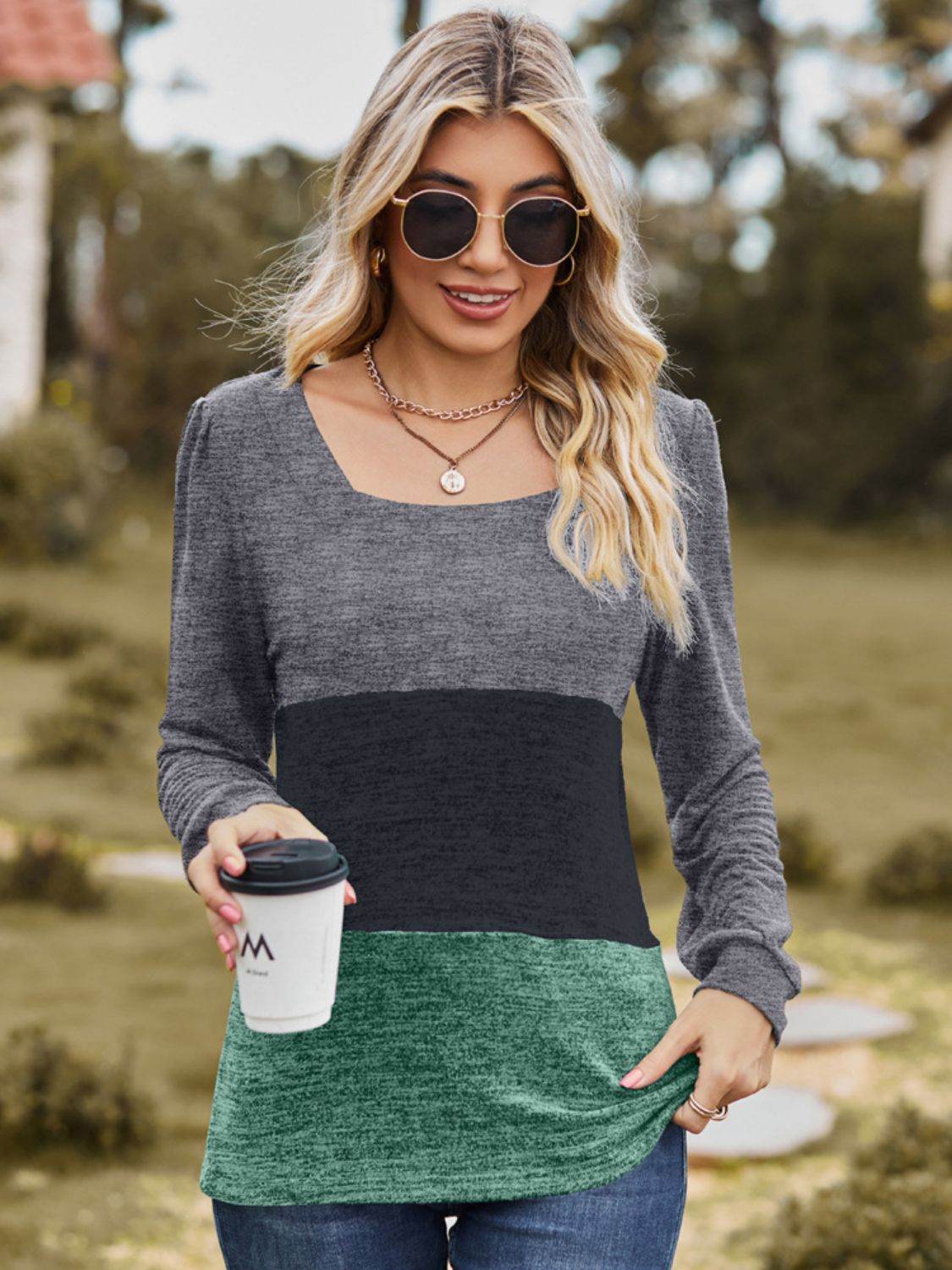 Color Block Square Neck Long Sleeve T-Shirt for a perfect OOTD – dress to impress outfits from Amexza