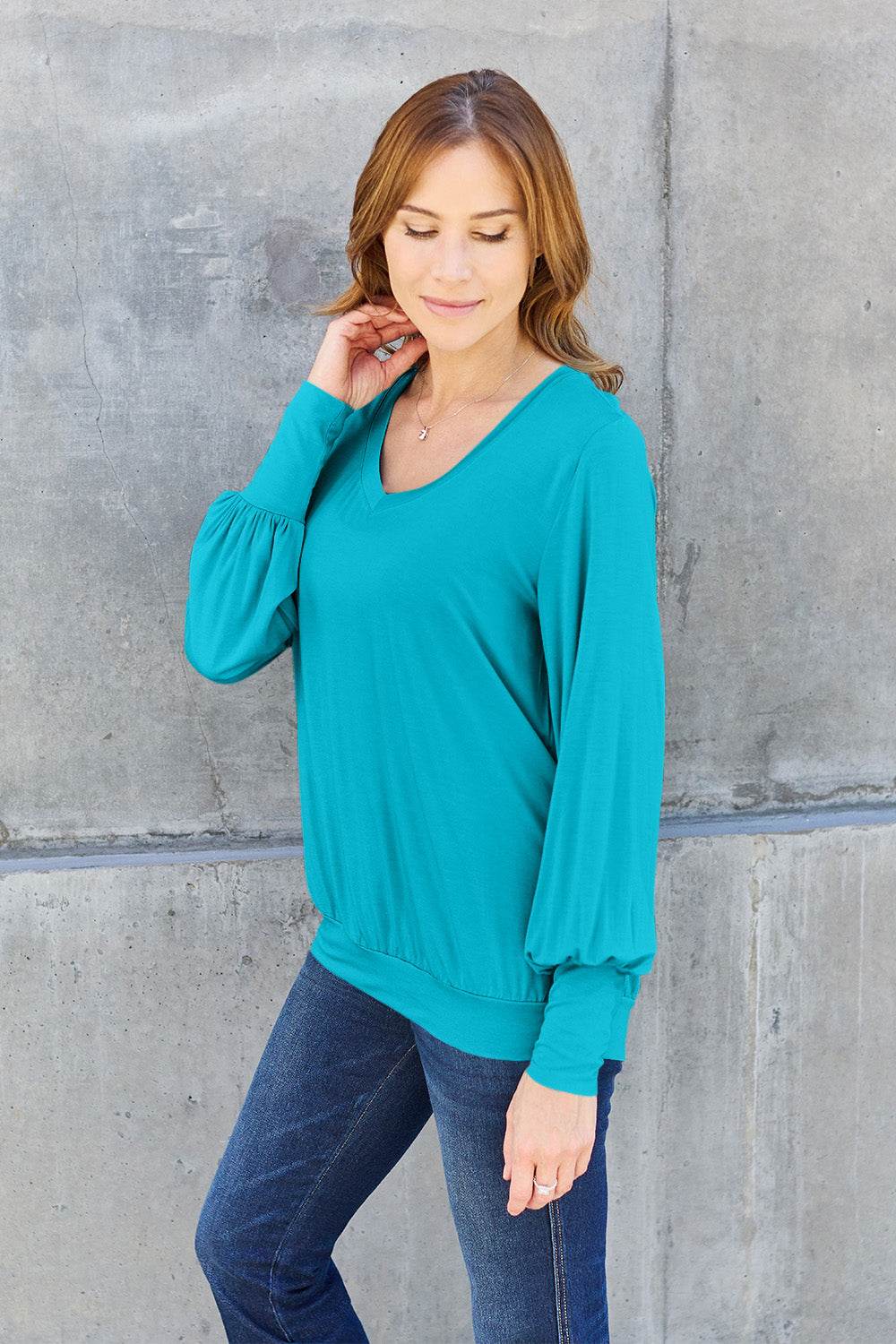 Basic Bae Full Size V-Neck Lantern Sleeve Top - Amexza