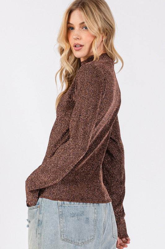 SAGE + FIG Glitter Mock Neck Lettuce Hem Long Sleeve Top - Amexza