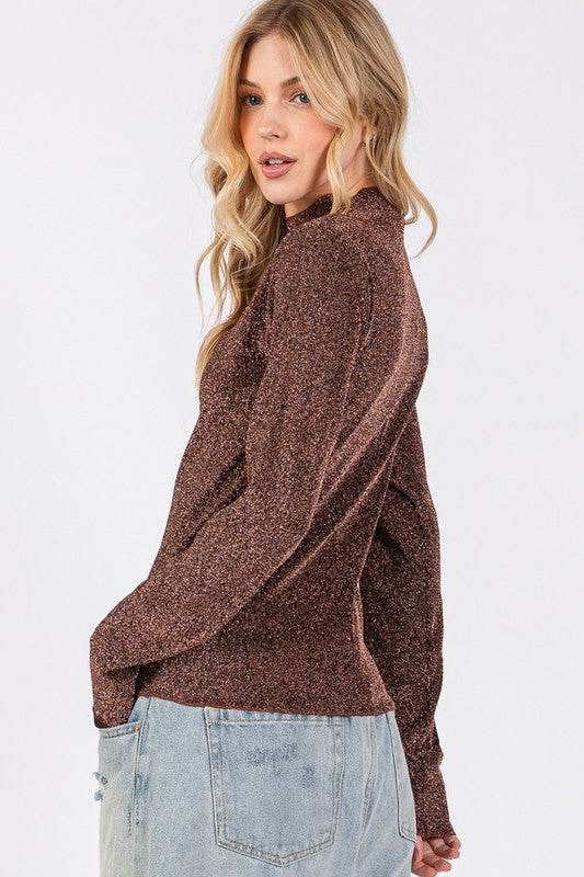 SAGE + FIG Glitter Mock Neck Lettuce Hem Long Sleeve Top for a perfect OOTD – dress to impress outfits from Amexza