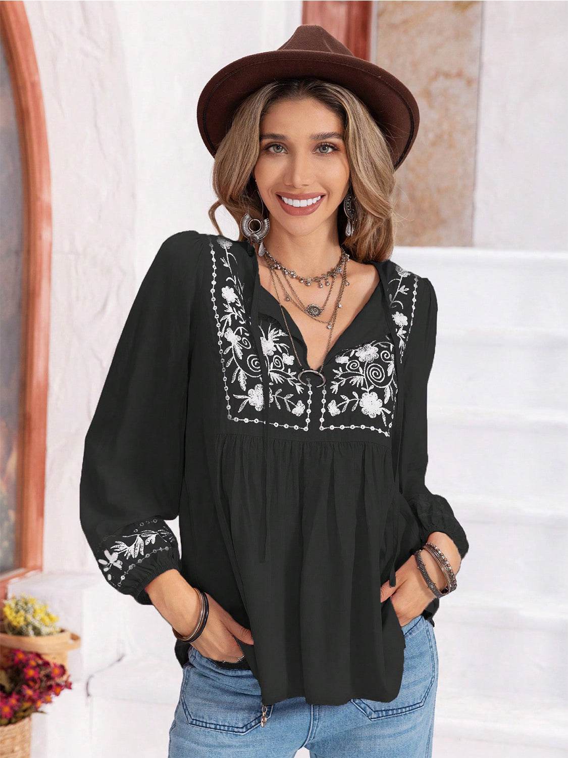 Floral Tie Neck Balloon Sleeve Blouse Black for a perfect OOTD – dress to impress outfits from Amexza