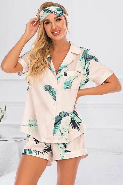 Printed Button Up Short Sleeve Top and Shorts Lounge Set Tan for a perfect OOTD – dress to impress outfits from Amexza