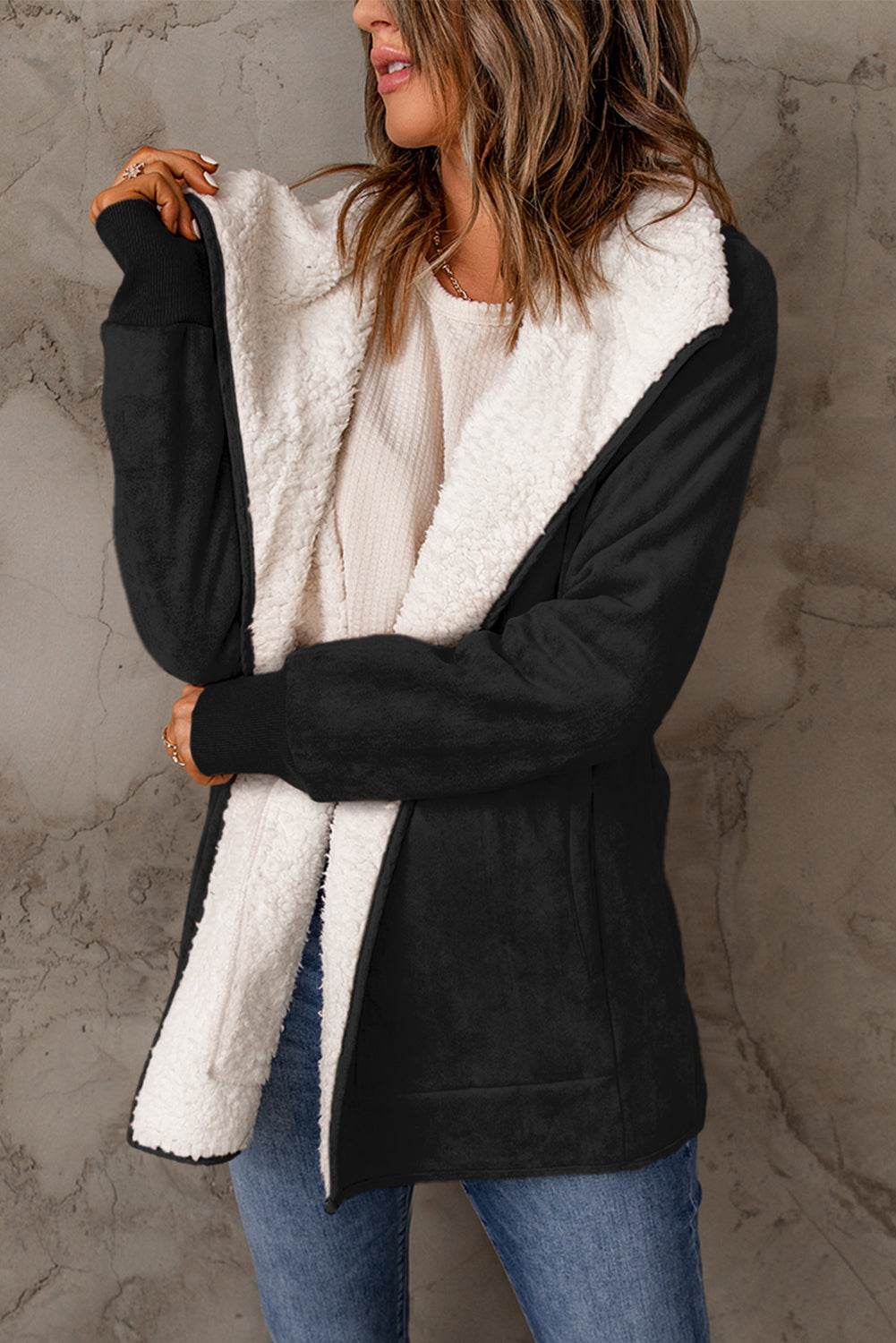 Open Front Long Sleeve Sherpa Jacket for a perfect OOTD – dress to impress outfits from Amexza