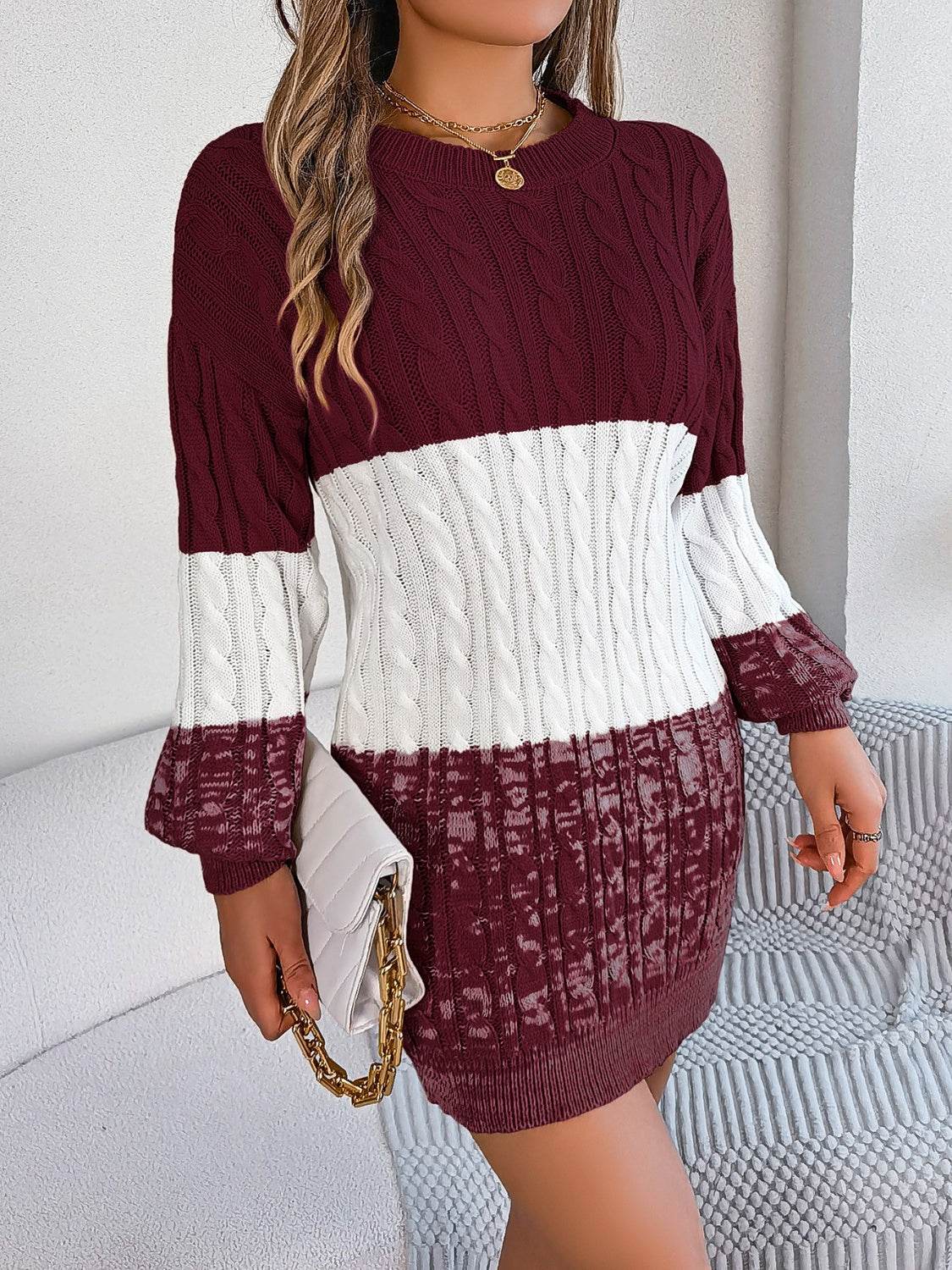 Cable-Knit Round Neck Color Block Sweater Dress for a perfect OOTD – dress to impress outfits from Amexza