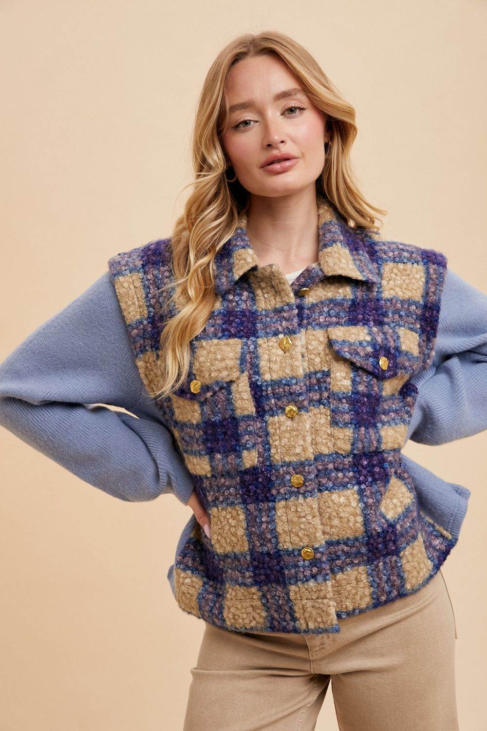 Annie Wear Faux Fur Plaid Button Up Jacket Blue for a perfect OOTD – dress to impress outfits from Amexza