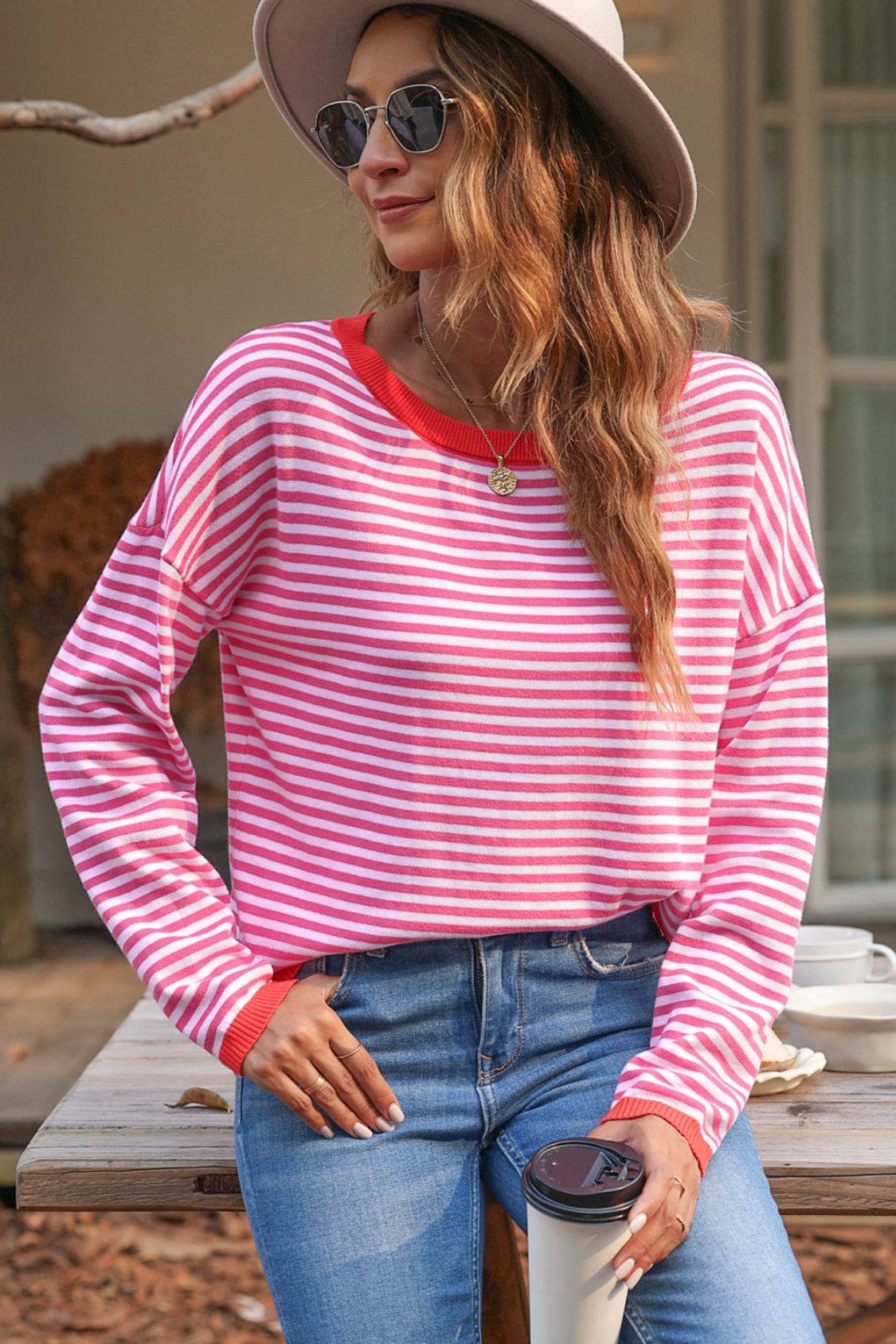 Striped Round Neck Drop Shoulder T-Shirt Hot Pink for a perfect OOTD – dress to impress outfits from Amexza