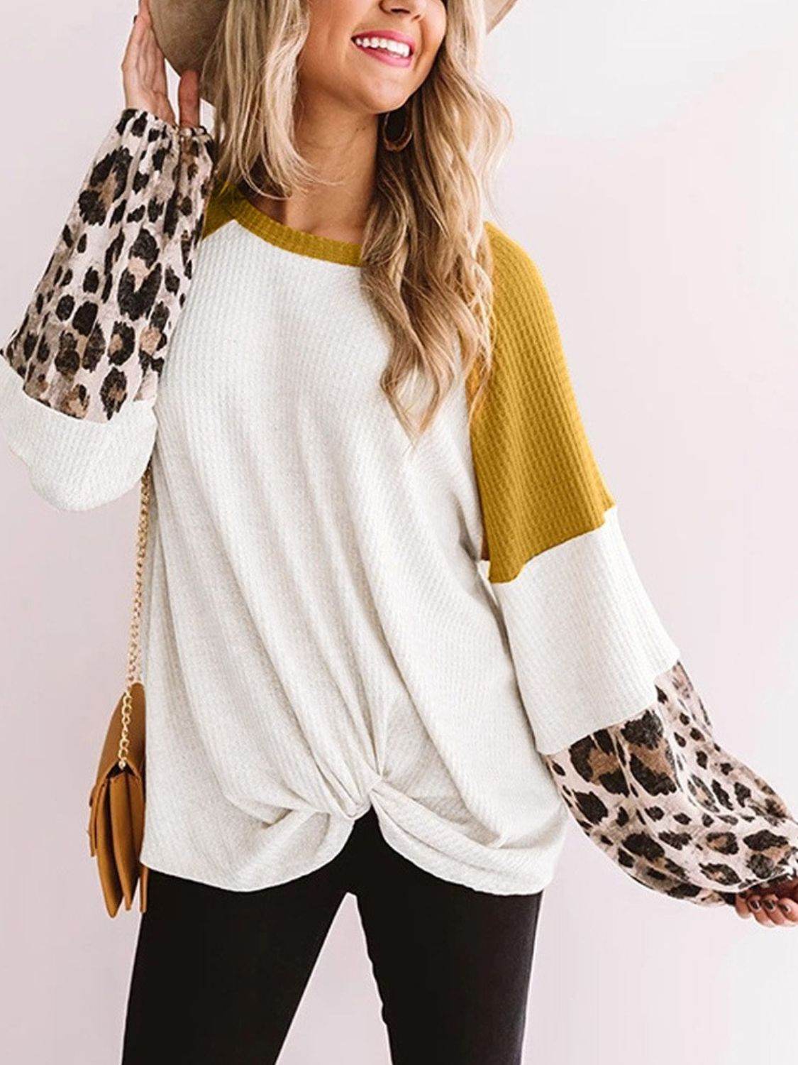 Twisted Color Block Round Neck Long Sleeve T-Shirt Mustard for a perfect OOTD – dress to impress outfits from Amexza