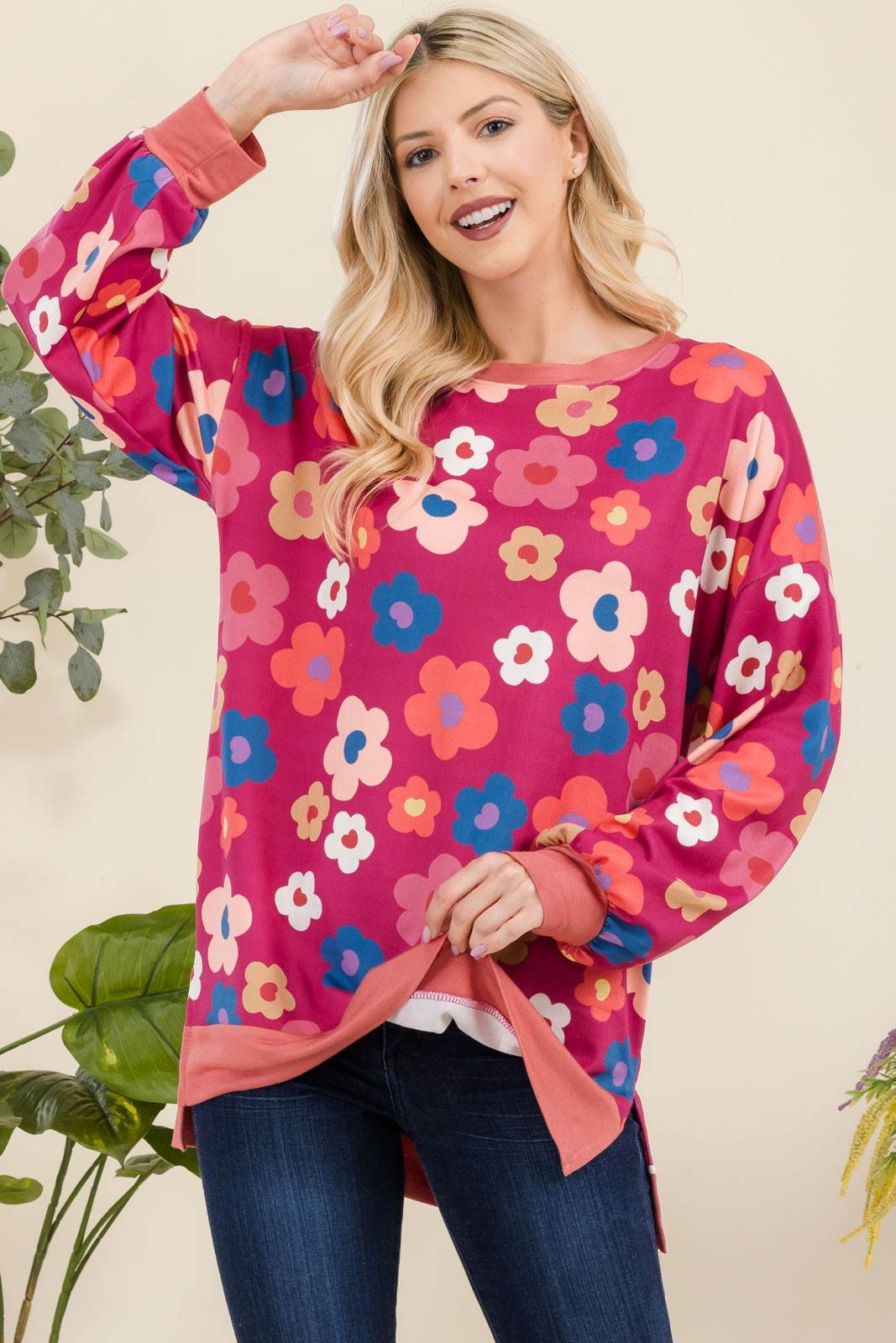 Celeste Full Size Side Slit Flower Print Long Sleeve Top Fuchsia Floral for a perfect OOTD – dress to impress outfits from Amexza