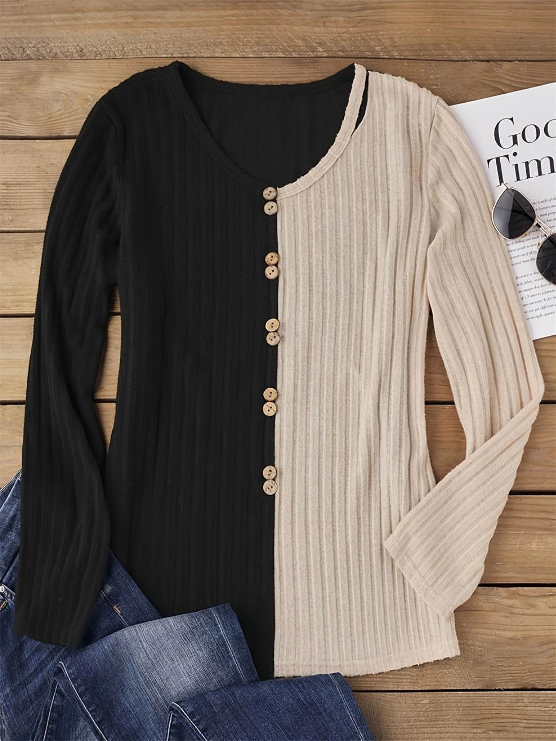 Decorative Button Contrast Round Neck Long Sleeve T-Shirt for a perfect OOTD – dress to impress outfits from Amexza