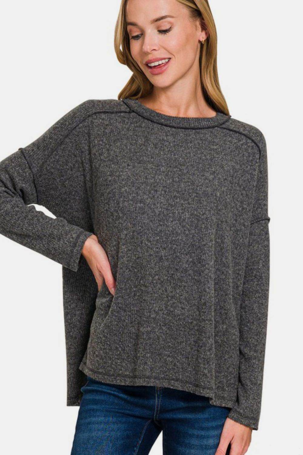 Zenana Full Size Exposed Seam Brushed Round Neck Sweater Black for a perfect OOTD – dress to impress outfits from Amexza