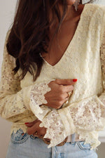Lace Detail V-Neck Long Sleeve Blouse - Amexza