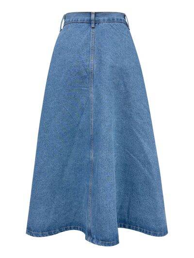 Buttoned Midi Denim Skirt with Pockets - Amexza