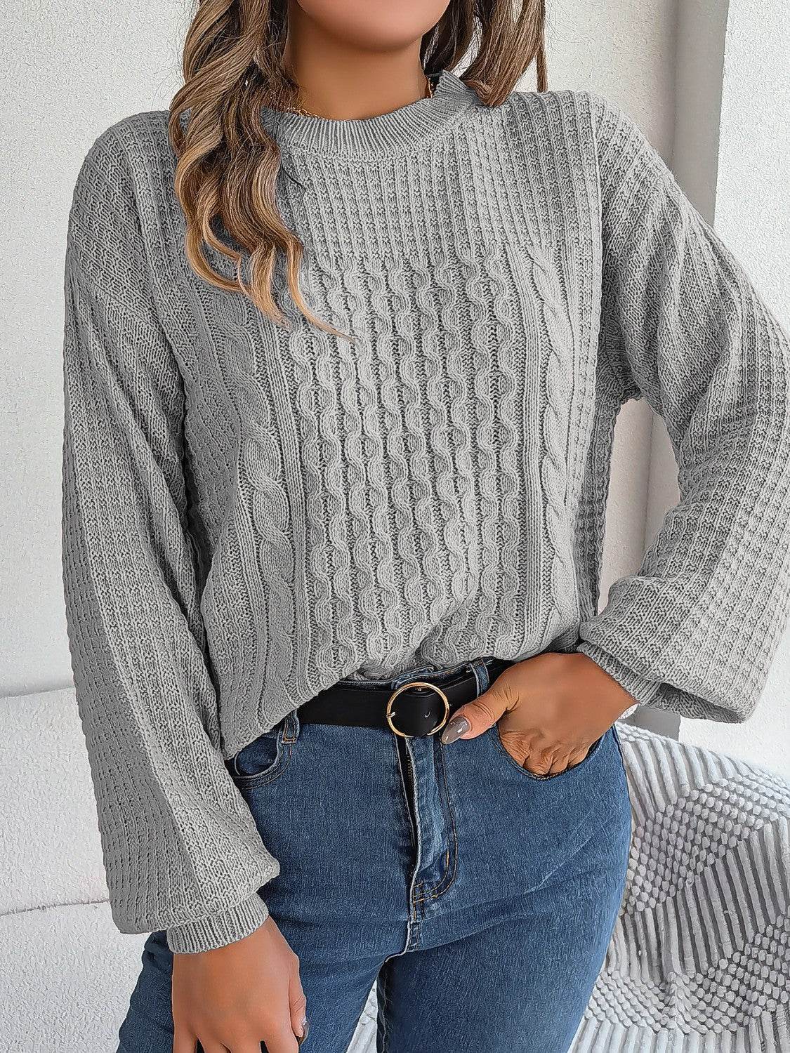 Cable-Knit Round Neck Long Sleeve Sweater for a perfect OOTD – dress to impress outfits from Amexza