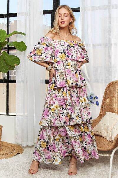 ADORA Layered Floral Off-Shoulder Short Sleeve Maxi Dress Mauve for a perfect OOTD – dress to impress outfits from Amexza