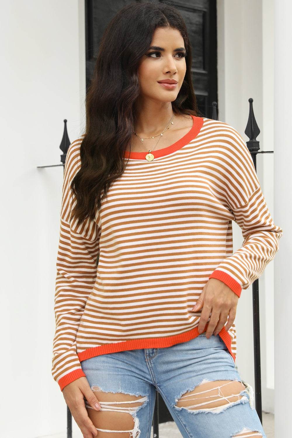 Striped Round Neck Drop Shoulder T-Shirt for a perfect OOTD – dress to impress outfits from Amexza