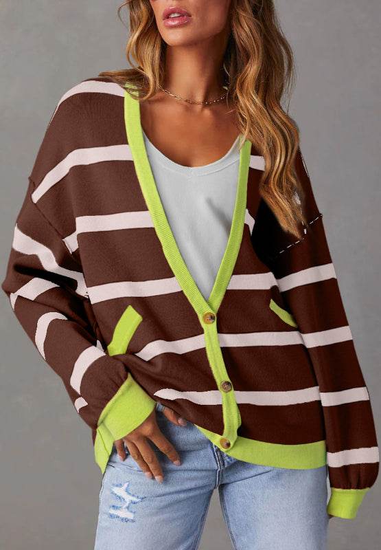 Contrast Stripes Button Down Long Sleeve Cardigan for a perfect OOTD – dress to impress outfits from Amexza