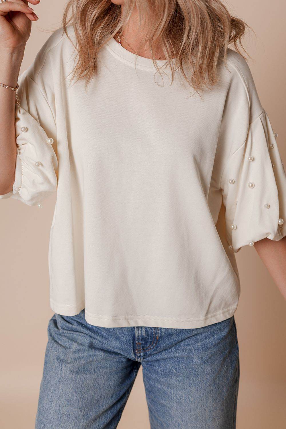 Pearl Detail Round Neck Half Sleeve Blouse White for a perfect OOTD – dress to impress outfits from Amexza