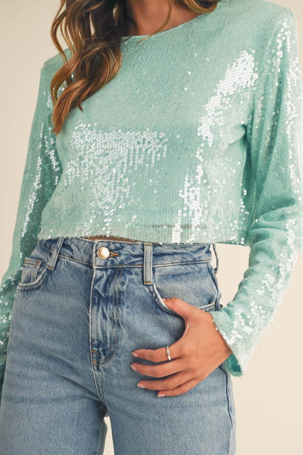 MABLE Shoulder Padded Sequin Crop Top - Amexza