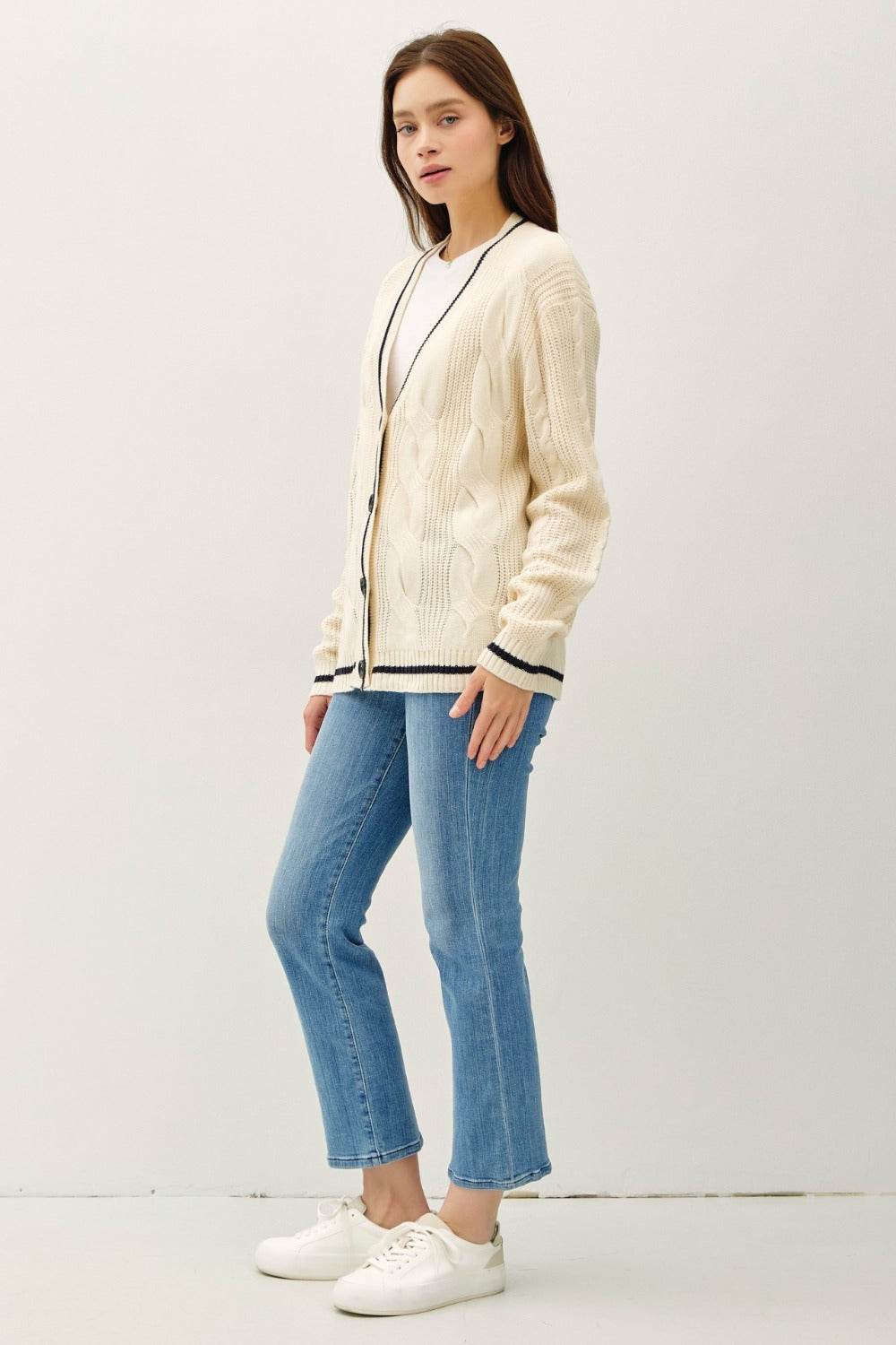 Be Cool Contrast Trim Cable-Knit V-Neck Cardigan for a perfect OOTD – dress to impress outfits from Amexza