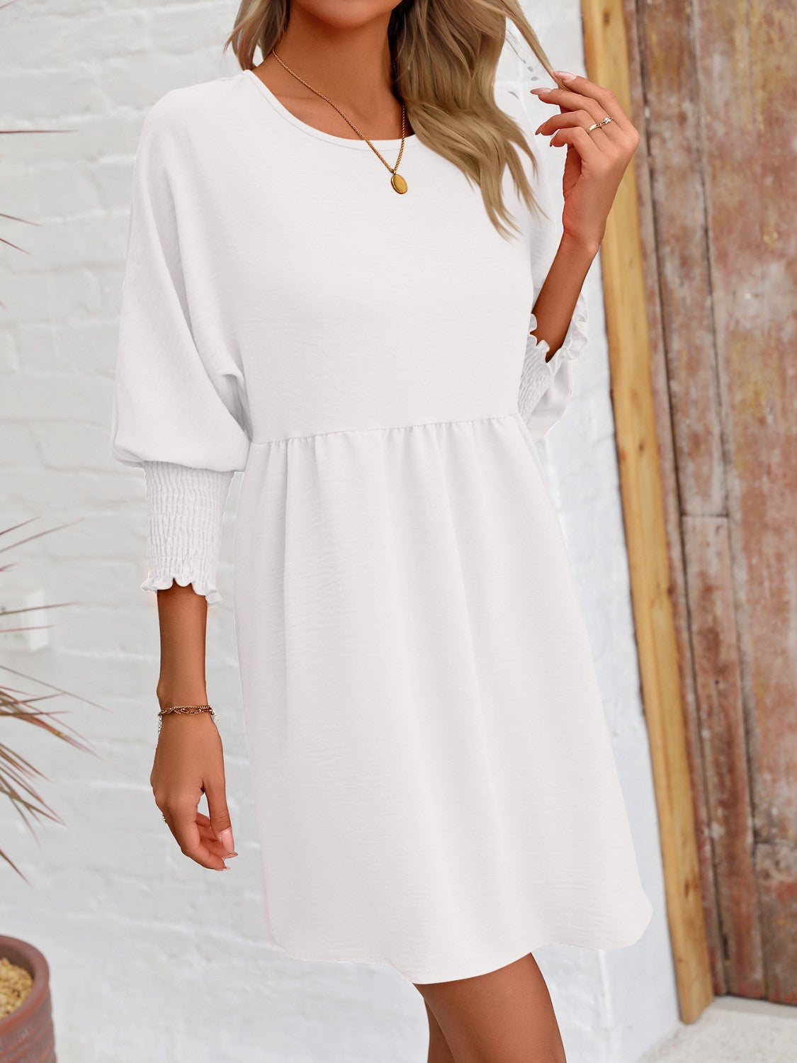 Round Neck Lantern Sleeve Mini Dress - White / S